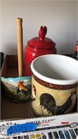 ROoster crock, paper towel holder and canister
