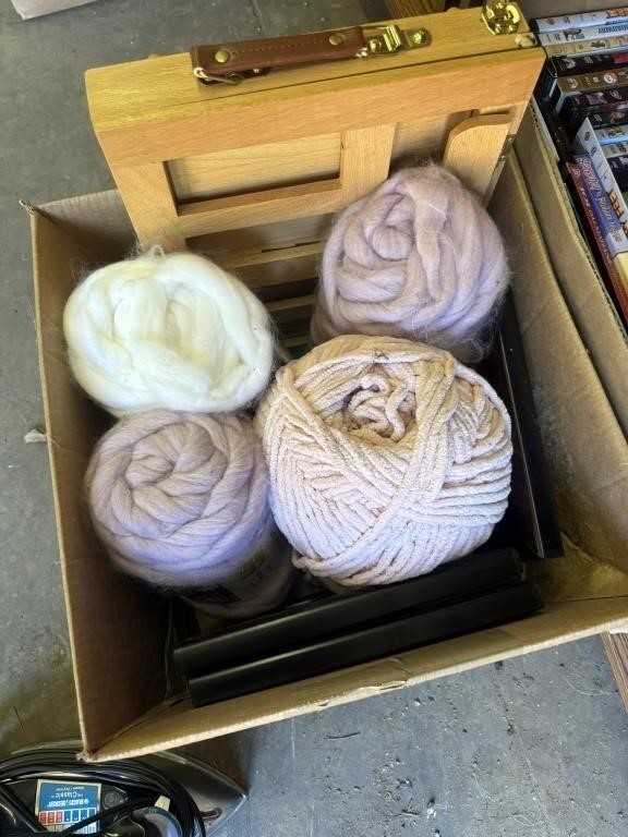 box of chunky ribbon, picture frames, baton