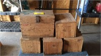 5 empty wooden tool boxes and rolling cart