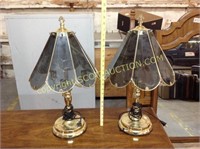 Two 23" tall brass touch lamps with glass pettle