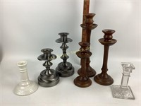 Wood, pewter, glass, ceramic candlesticks