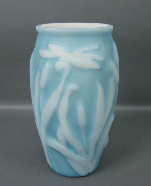 Consolidated Blue on Milk Glass Dragonfly Vase