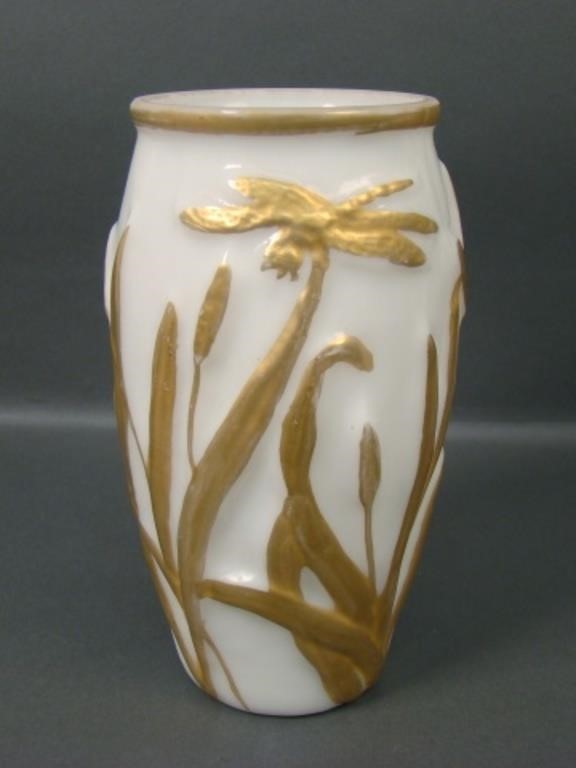 Consolidated Gold on Milk Glass Dragonfly Vase
