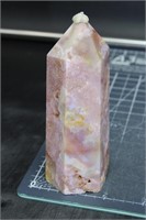 large druzy flower agate tower with pink amethyst