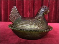 Green Indiana Glass Hen on Nest Candy Dish