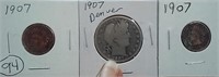 1907 D barber half dollar & 2 indian pennies