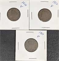Three Liberty Head V-Nickels 1910-1912