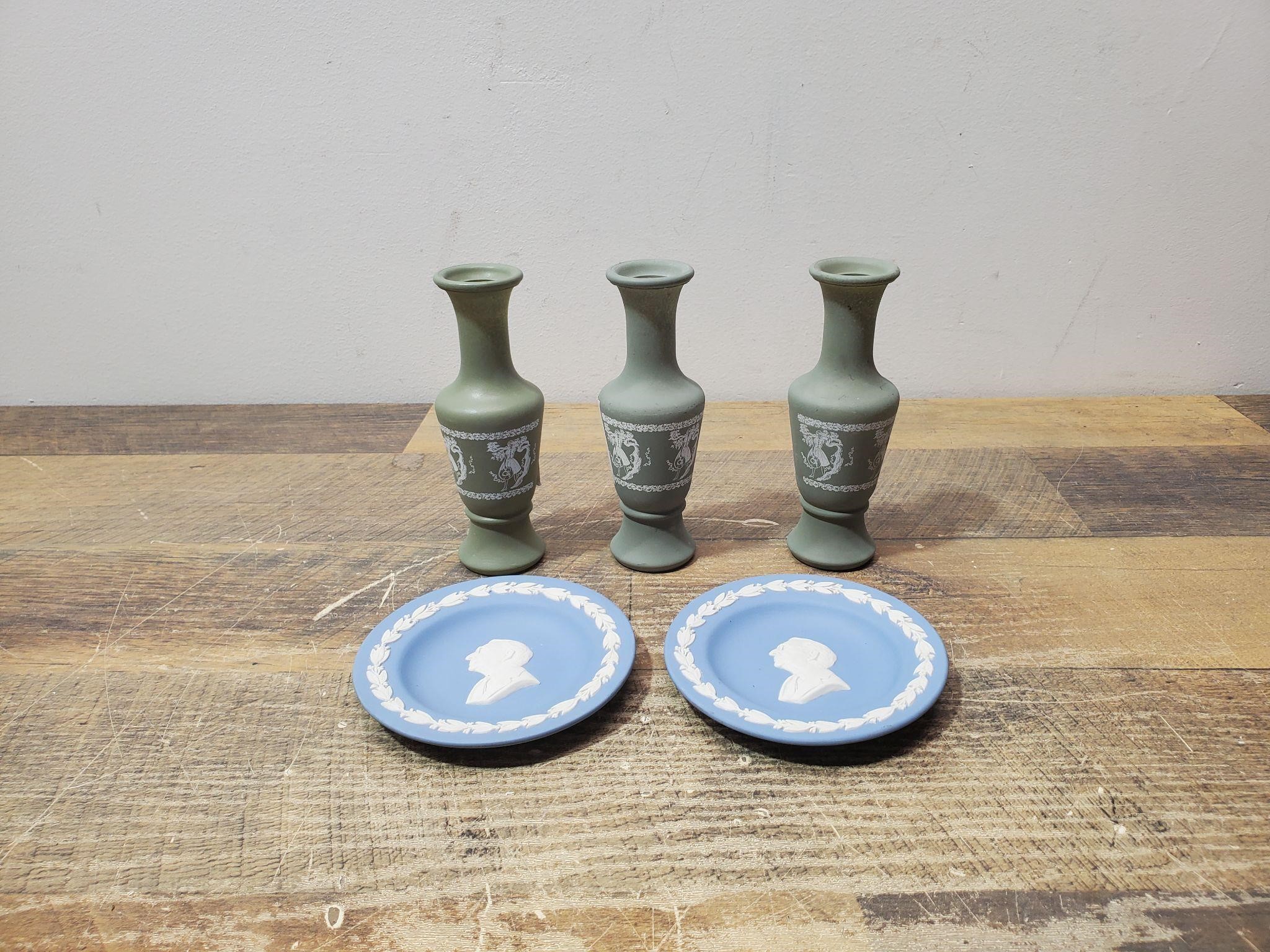 Wedgewood Green Vases & Blue Plates