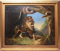Circle of E. Delacroix, Lion & Snake,  Oil, 19th C