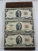 Three 1953-A Red Seal $2 US paper money currency