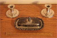 Silver Plate Candlesticks & Butter Tray w/lid