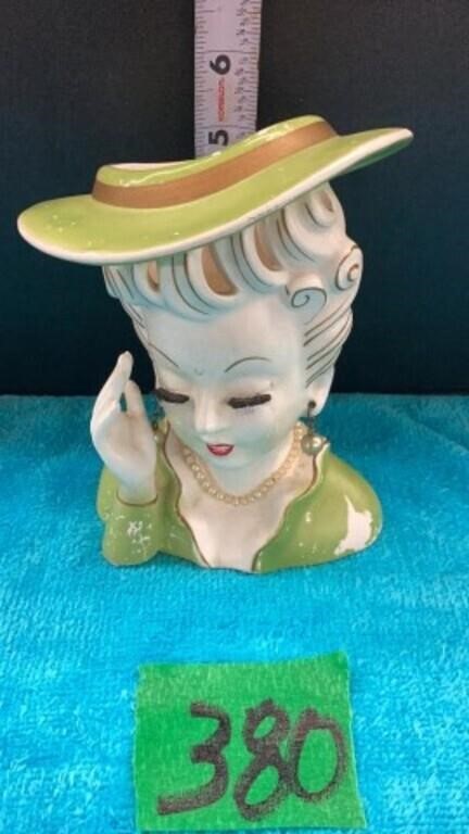 Lady Head Vase Green Dress & Hat