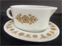 Pyrex Milk Glass Gravy Boat and Underplate with