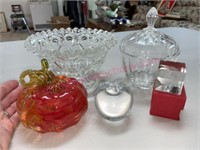 Blown glass pumpkin, crystal candy, Old bowl (LR)