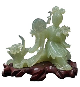 Finely Chinese Carved Jade Female Figure On A Wood