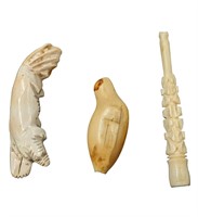 Lot Of 3 Carved Bone Pieces, Two Inuit And One Chi