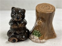 Glass Bear and Tree Trunk Salt and Pepper Shakers