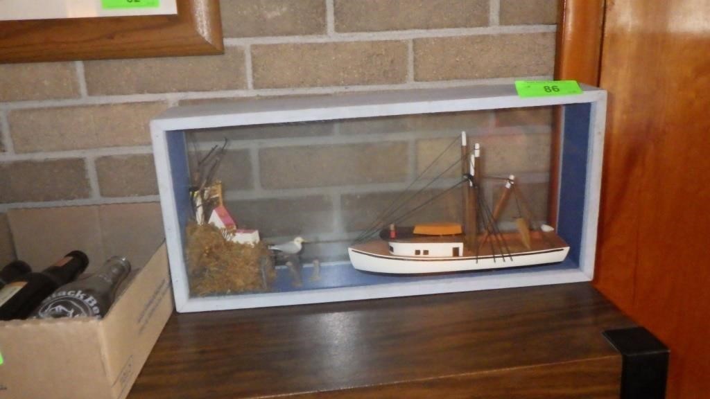 BOAT IN DISPLAY CASE 19 x 3 1/2 x 9