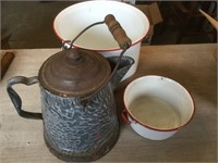 Graniteware Coffeepot Gray, 2 Red&White Pots