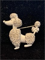 SILVER POODLE BROOCH;  COSTUME JEWELRY, 1 3/4