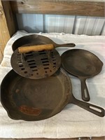 3 Cast Iron Frying Pans, 1 Press