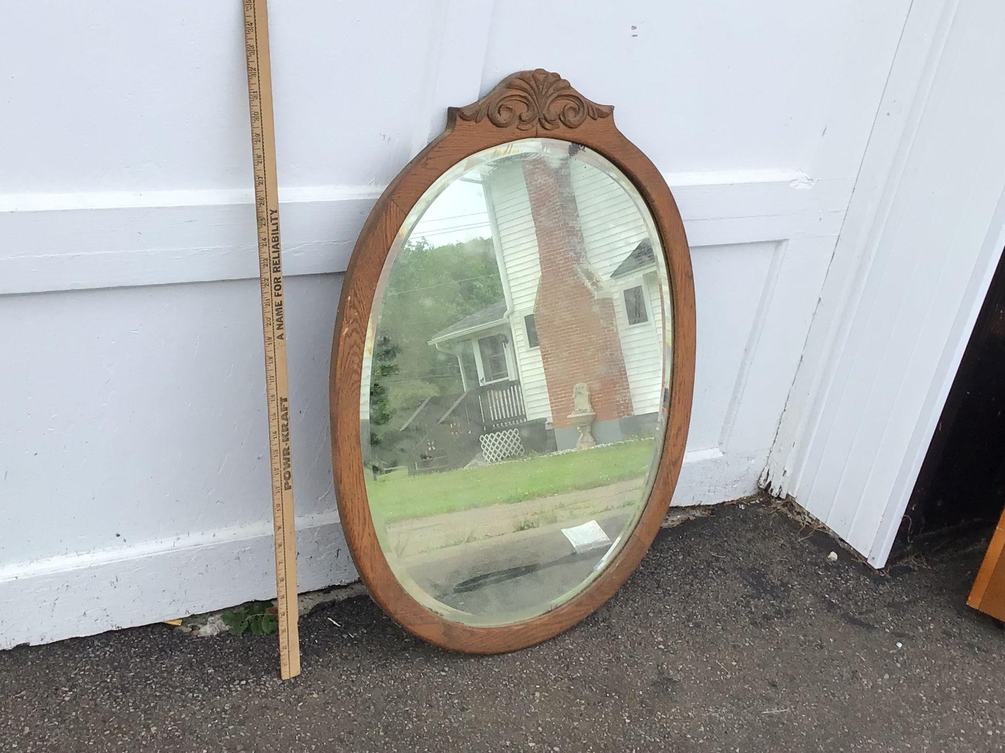 ROUND OVAL BEVELED WALL MIRROR - WOOD BACK