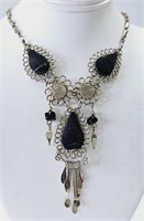 Silver Tone Onyx Peruvian Wirework Necklace