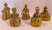 5 brass figural bells, tallest is 3"