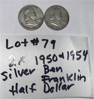 #79) 2X- 1950 & 1954 SILVER BEN FRANKLIN HALFS