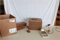 File boxes, calculator, lamp