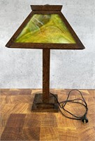 Arts and Crafts Oak Stained Glass Lamp