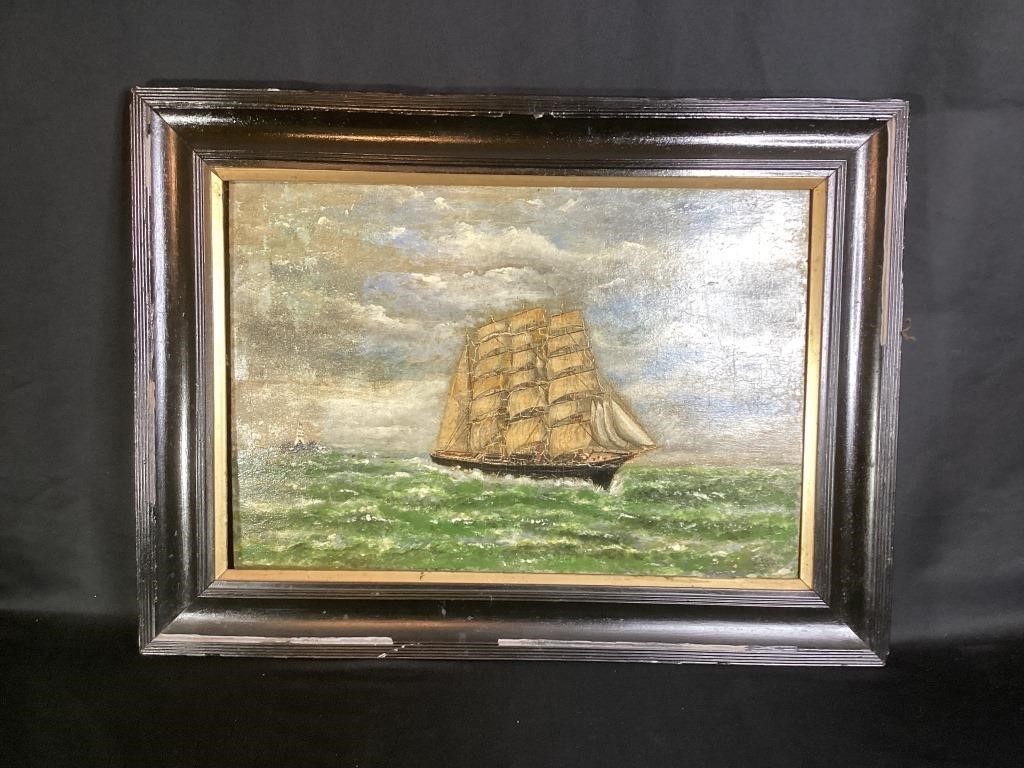 Signed Painting on Board Ship with Sails,1935