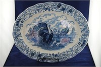 Large Blue & White Platter w/ Turkeys