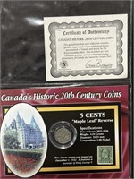 1929 Canada 5 Cents Coin With Stamp- COA