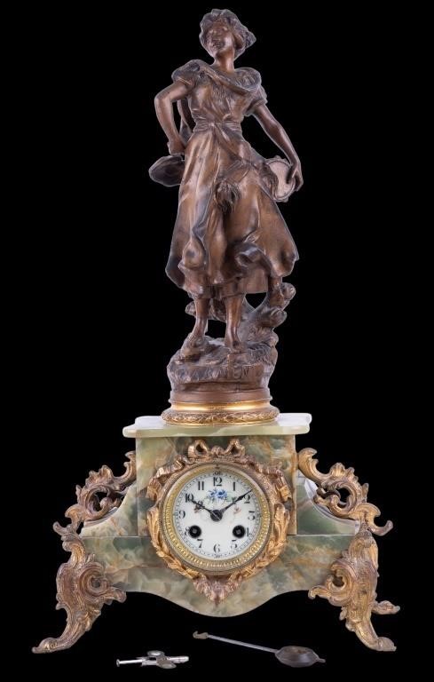 French Onyx and Bronzed Spelter Mantel Clock