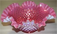 Vtg Fenton Cranberry Opalescent Hobnail Glass Bowl