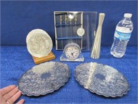 pewter & plated items-crystal clock-alum. coasters