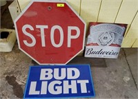 GROUP OF METAL SIGNS, STOP SIGN, BUDLIGHT, BUD