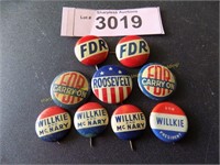 Nine vintage political pins