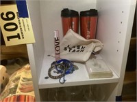Starbucks travel mugs, and ladies bracelets