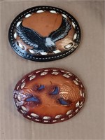 2 Vtg leather belt buckles one with Eagle.