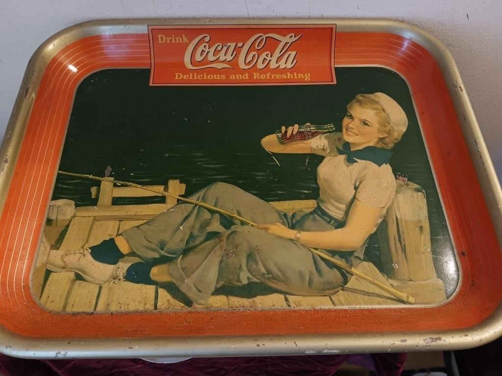 Vtg coke coca cola tray 1940 original fishing