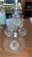 Etched glass decanter and stemware, cream and