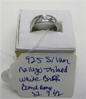 .925 Navajo Inlaid White Buff Band Ring Sz 7.5