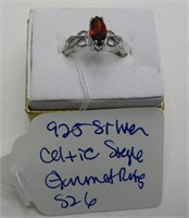 925 Silver Celtic Style Garnet Ring Sz 6
