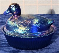 Purple carnival glass duck trinket box
