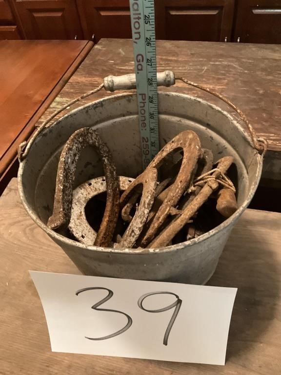 Galvanized bucket full of old horseshoes