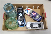 3 TOY CARS & 2 PIECES GLASSWARE