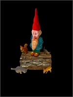 Signed Folk Art Wood Carved Gnome & 4 Critters