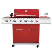 $460  5-Burner Gas Grill, Red, Rotisserie Kit